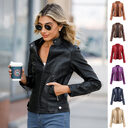 Women's Zip-up Leather Jackets Fashion Solid Color Pockets