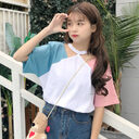 Design Contrast Stitching Off-The-Shoulder T-Shirt