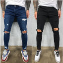 Men Jeans Black Blue Cool Skinny Knee Hole