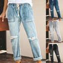 Straight Ripped Jeans For Women Drawstring Trousers