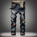 Personalized Brushed Jeans Men's Ripped Straight-leg