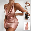 Satin Party Dress V Neck Backless Mini Sleeveless