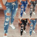 High Waist Ripped Elastic Drawstring Jeans Women Trousers
