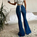 Colored Stretch Denim Trousers With Ripped Frayed Flared