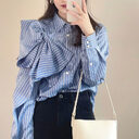 Casual Blue Striped Shirts For Women Lapel Long