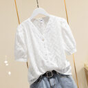 Cotton Embroidered Puff Sleeve Shirt Tops Women White