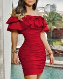 Women Black Off Shoulder Ruched Layered Ruffles Bodycon
