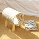 Modern elevated striped cat tunnel with cushion bed