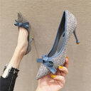 Women's Leather Bow Stiletto Pointed High Heels