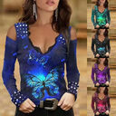 V-neck Lace Long-sleeved Butterfly Print Gradient T-shirt