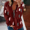 Women's V-neck Zipper Feather Print Long Sleeve Loose