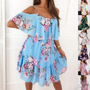 Flower Printed Ruffled Suspender Dress Summer Off-the-shoulder Strap