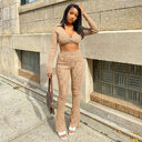 Solid Color V-Neck Long-Sleeve Top Micro-Flare Pants Two-Piece