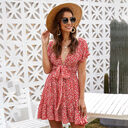 Deep V Ruffled Floral Spring Dress Women's European
