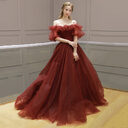 Red Tulle Off Shoulder Full Length Princess Ball