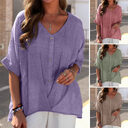 Women's Cotton Linen V-Neck Pullover Short Sleeve Casual