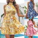 Halter Dresses Women Floral Print Sleeveless Swing Chiffon