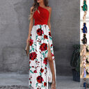 Rose Print Split Dress Summer Fashion One-shoulder Long