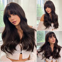 Long Brown Wigs With Bangs Wave Synthetic