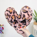 Cross-strap Fuzzy Slippers Leopard Plush House Shoes Flat