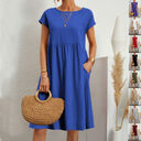 Summer Short-sleeved Dress With Pockets Fashion Solid Round