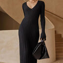 Casual Waist-skimming V-neck Large Pit-striped Slim Knitted Maxi