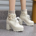 Lace Ankle Boots Lace-up Square Heeled Shoes Women