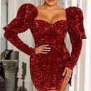 Sequin Backless Padded Shoulder Bubble Sleeve Party Dresses