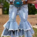 Double Ruffle Leopard Kids Denim Clothes