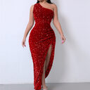 Sleeveless One Shoulder Slash Neck Sequins Gorgeous Slit