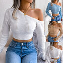 Bare Shoulders Knitted Sweater Women Long Sleeve Short