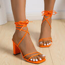 Lace Up Strappy Sandals Summer Chunky Heel Square
