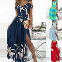 V-neck Boho Spaghetti Strap Dress Women Split Long