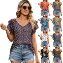 Women's Tops Casual V Neck Ruffle Short Sleeve