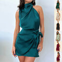 Elegant Halter Neck Dress Fashion Sleeveless Waist-tied Short