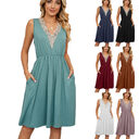 Lace Panel Sleeveless Dresss With Pocket V-neck Dresses