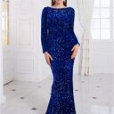 Women Modest Stretch Sequin Royal Blue Evening Prom