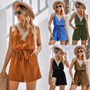 Casual Jumpsuit Lace V-neck Sleeveless Tops Tie-up Shorts