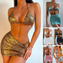 Women's 3 Piece Bathing Suits Halter Snake Pattern