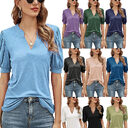 Women's Pleated Puff Sleeve Tops Summer V Neck