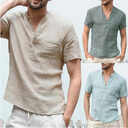 Casual Linen Solid Color Shirt Button V Neck