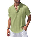 Henley Style Linen Shirt Men Casual Beach Short