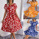 Leaf Print Dress Women Short Sleeve Lace-up Skirt