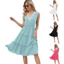 V-neck Dresses Women Sleeveless Pleated Ruffle Elegant Dress
