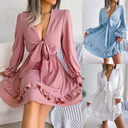 Summer Dresses Solid Color V-neck Long Sleeve Dress