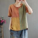 Cotton Linen Contrast Color T-shirt Artistic Design Half