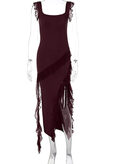 Ruffle Thigh High Split Dress Women Sexy Spaghetti