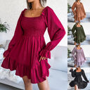 Flared Long Sleeve Dresses Women Square Neck Ruffled