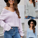 Long Sleeve Sweater With Pocket Solid Color V-neck