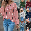 Feather Print Polo Shirt Long Lantern Sleeve Turndown